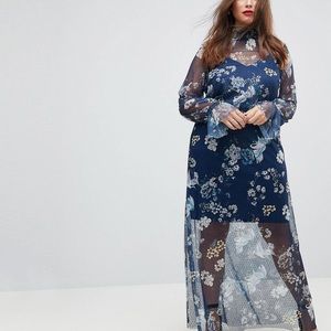 Printed mesh maxi dress with pinched neck
